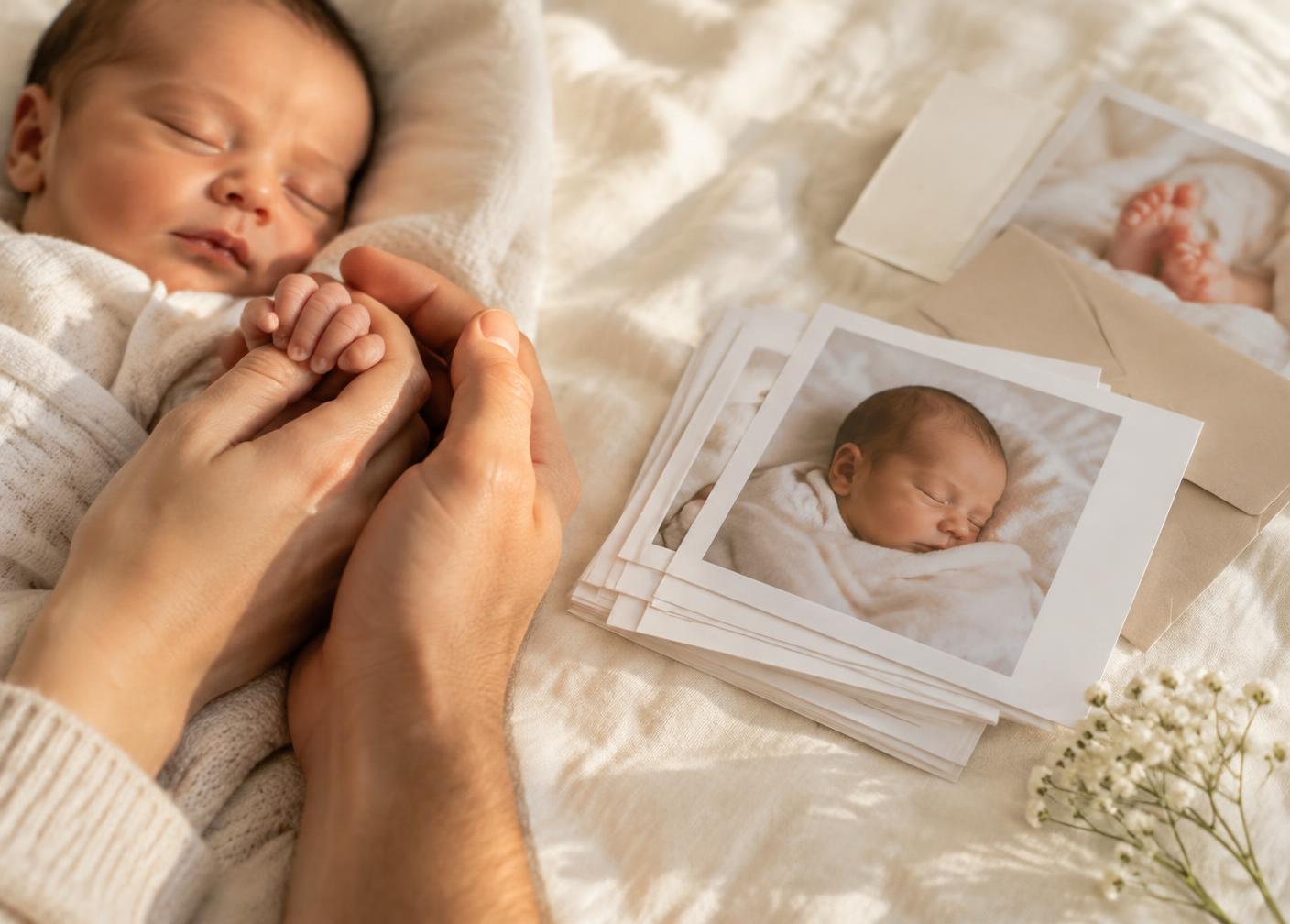A parent holding a newborn's tiny hand